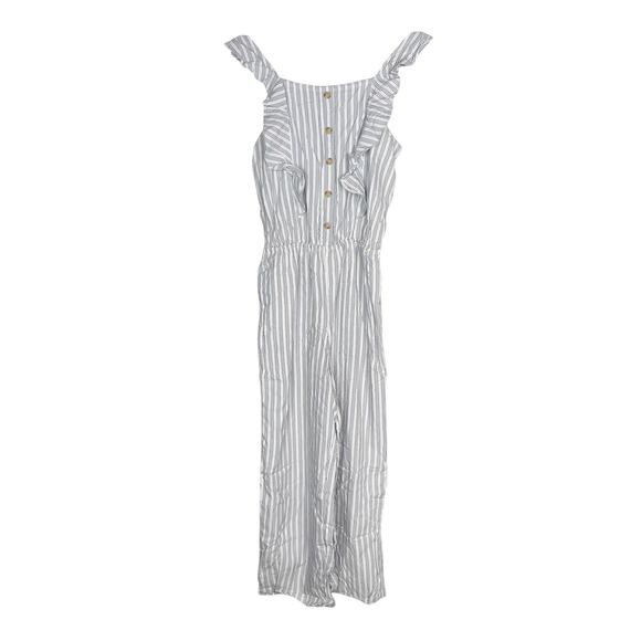 Abercrombie Kids Girls 13/ 14 White Blue Striped Ruffle Jumpsuit Cinch Pocket - Picture 1 of 12